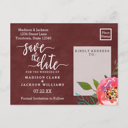 Herbstliche Burgund Wasserfarbenhochzeit Sichern S Ankündigungspostkarte (Rückseite)