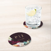 Herbstliche Burgundy Pink Floral Gold Monogram Hoc Runder Pappuntersetzer (Vor Ort)