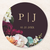 Herbstliche Burgundy Pink Floral Gold Monogram Hoc Runder Pappuntersetzer (Vorderseite)