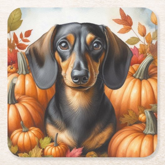 Herbstliche Dackel Freude: Schwarze und Tan Herbst Rechteckiger Pappuntersetzer (Vorderseite)