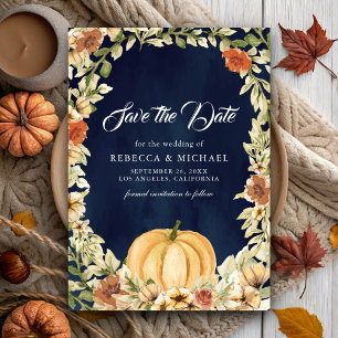 Herbstliche Erdige Florale Kürbis Navy Blau Hochze Save The Date
