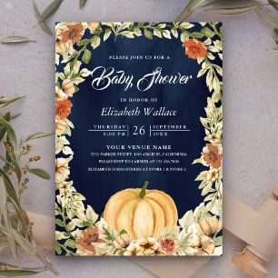 Herbstliche Erdtöne Florale Kürbis Navy Baby Showe Einladung