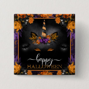 Herbstliche florale Einhorn-Gesicht Happy Hallowee Button