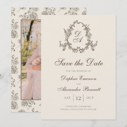 Herbstliche Florale Monogramm-Foto Save The Date (Vorne/Hinten)