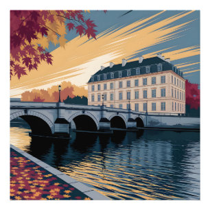 Herbstliche Flussufer-Europastadt-Illustrationskun Fotodruck