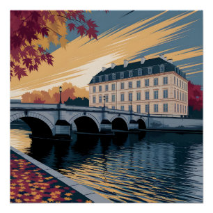 Herbstliche Flussufer-Europastadt-Illustrationskun Poster