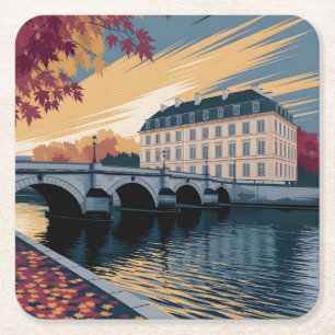 Herbstliche Flussufer-Europastadt-Illustrationskun Rechteckiger Pappuntersetzer