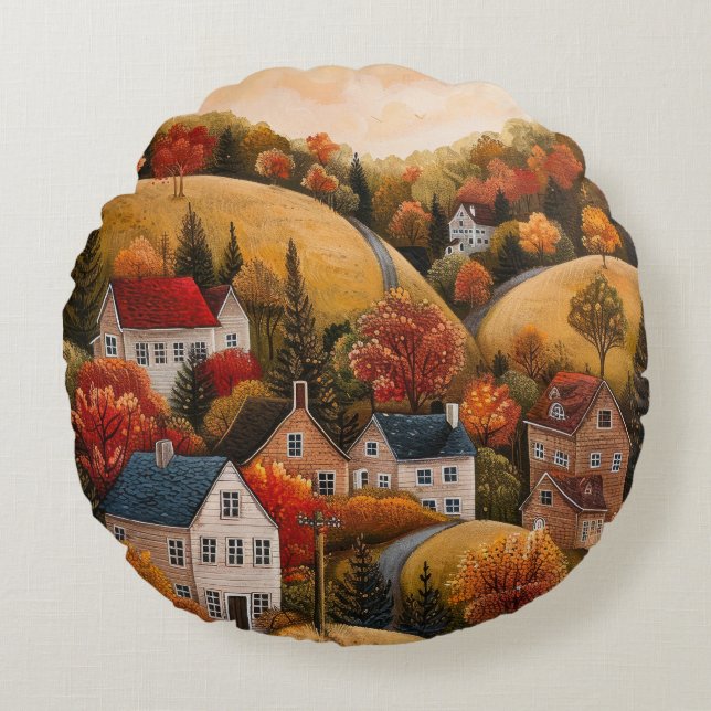 Herbstliche Folk Art Ölgemälde rund Kissen (Vorderseite)