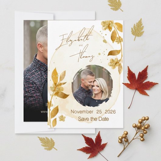 Herbstliche goldene Blumen-Skript-Foto-Save-the-Da Einladung