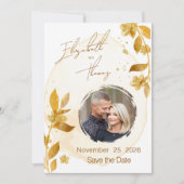 Herbstliche goldene Blumen-Skript-Foto-Save-the-Da Einladung (Vorderseite)