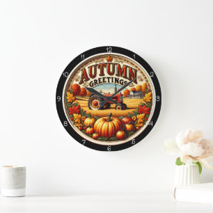 Herbstliche Grüße Traktor Kürbis Farm Große Wanduhr