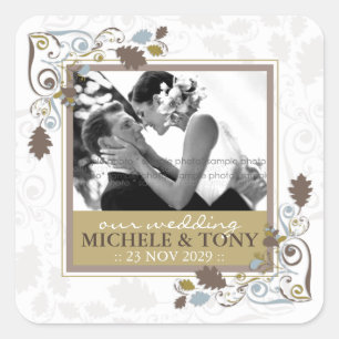 Herbstliche Herbstlaub Wirbel Hochzeitsticker für  Quadratischer Aufkleber