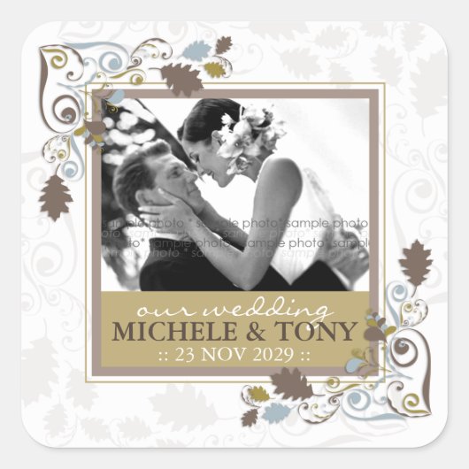Herbstliche Herbstlaub Wirbel Hochzeitsticker für Quadratischer Aufkleber (Vorderseite)