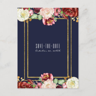 Herbstliche Hochzeit Blau Gold Blumen Marsala Save Ankündigungspostkarte