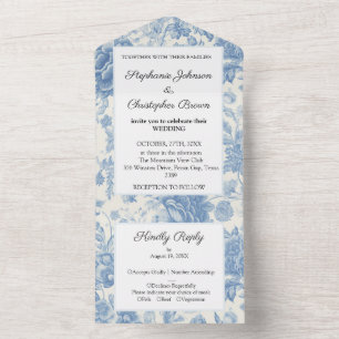 Herbstliche Hochzeit in Blau-Weiß mit floralem Mus All In One Einladung