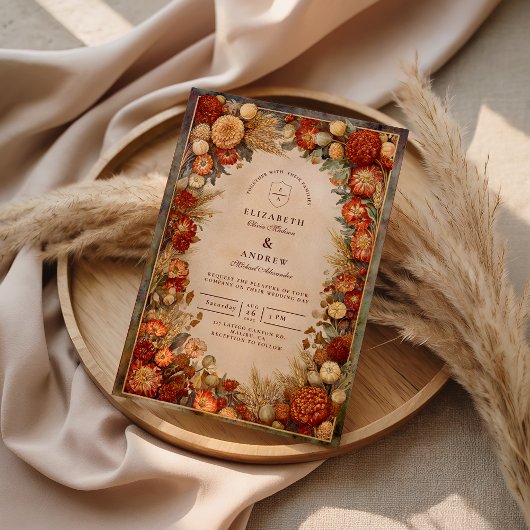 Herbstliche Hochzeit mit Blumensträußen Einladung
