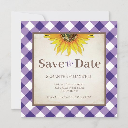 Herbstliche Hochzeit mit lila Gingham Save The Dat Date (Vorderseite)