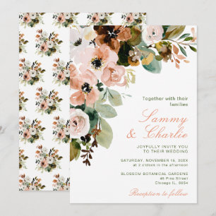 Herbstliche Hochzeit mit rosa Blüten und Laub Einladung