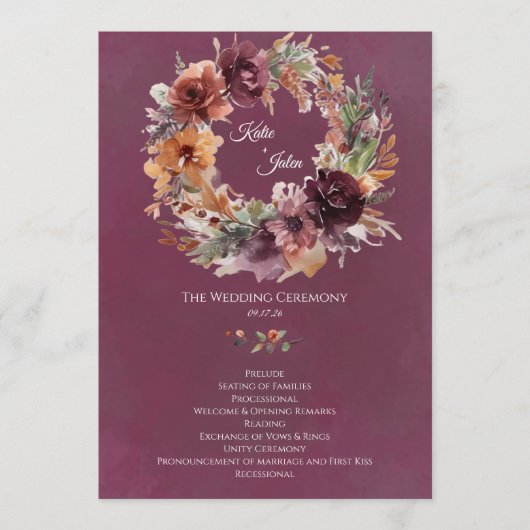Herbstliche Hochzeitsprogramm mit Moody Floral Programm (Vorderseite)