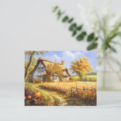 Herbstliche Hütte durch Weizenfeld und Pumpkins Postkarte (Stehend Vorderseite)