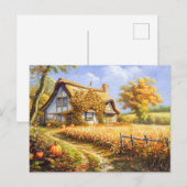 Herbstliche Hütte durch Weizenfeld und Pumpkins Postkarte (Vorne/Hinten)