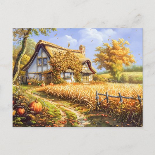 Herbstliche Hütte durch Weizenfeld und Pumpkins Postkarte (Vorderseite)