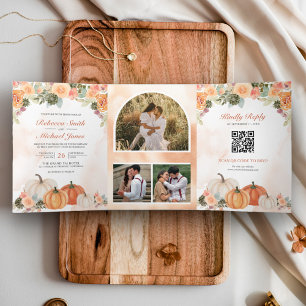Herbstliche Kürbis-Blumen-Foto-QR-Code-Hochzeit Dreifach Gefaltete Einladung