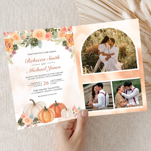 Herbstliche Kürbis-Blumen-Foto-QR-Code-Hochzeit Einladung