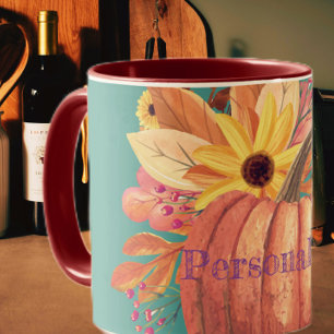 Herbstliche Kürbis-Blumen-Terrakotta-Orange und Tü Tasse