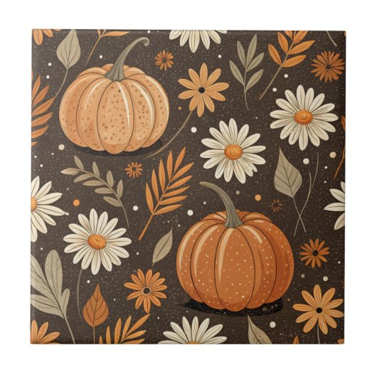 Herbstliche Kürbis- und Gänseblümchen-Blumenmuster Fliese (Vorderseite)