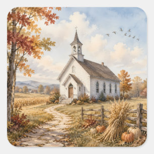 Herbstliche ländliche Kirchen-Wasserfarbenlandscha Quadratischer Aufkleber