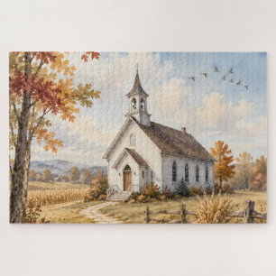 Herbstliche ländliche Kirchen-Wasserlandschaft Puzzle