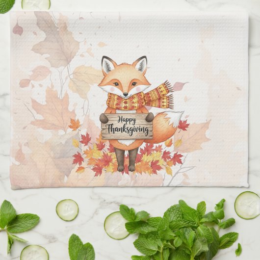 Herbstliche Laune – Erntedankfuchs mit Herbstlaub Geschirrtuch (Gefaltet)