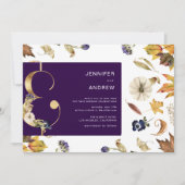Herbstliche lila Blätter und blumenreiche Hochzeit Einladung (Vorderseite)