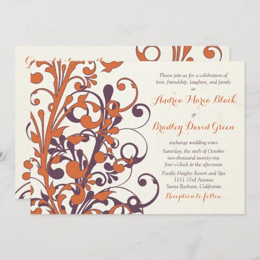 Herbstliche Lila Orangefarbene Hochzeit Einladung (Vorne/Hinten)