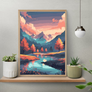 Herbstliche Naturlandschaft Fluss Berg Und Bäume Poster