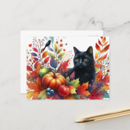 Herbstliche Orange-Blätter und Schwarze Katzen-Pos Postkarte