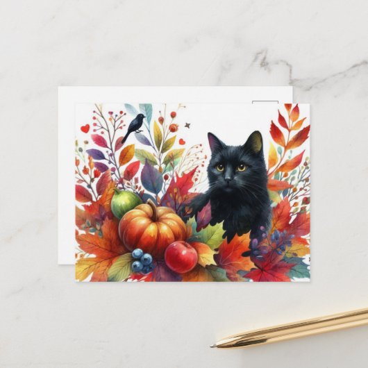 Herbstliche Orange-Blätter und Schwarze Katzen-Pos Postkarte (Vorderseite/Rückseite Beispiel)