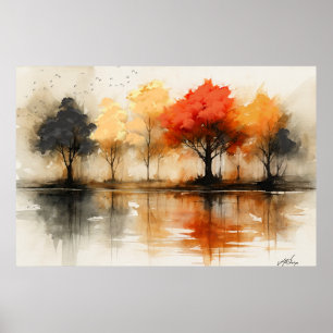 Herbstliche Ruhe - Neblige Spiegelungen und feurig Poster