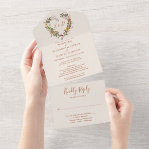 Herbstliche rustikale Blumendetails RSVP Hochzeit All In One Einladung