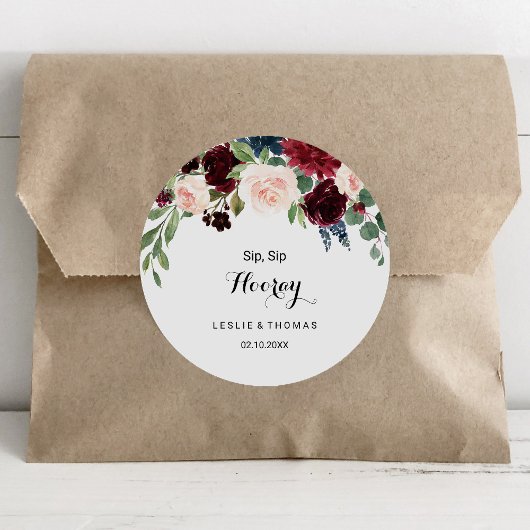 Herbstliche Rustikale Burgund Sip Hooray Hochzeit Runder Aufkleber