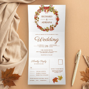 Herbstliche Rustikale Landhochzeit Blätter Kranz H Dreifach Gefaltete Einladung