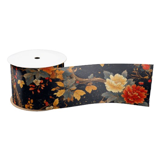 Herbstliche schwarze orange Chinoiserie-Blätter Satinband (Spule)