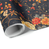 Herbstliche schwarze orangefarbene Blatt-Chinoiser Geschenkpapier (Rolleneckpunkt)