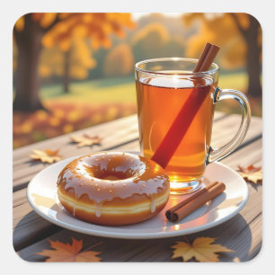 Herbstliche Segnungen   Apfelwein und Donut Quadratischer Aufkleber