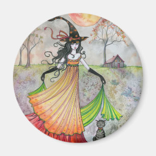 Herbstliche Träumerei Hexe und Katze Halloween Kun Magnet