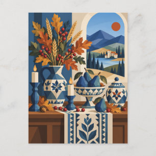Herbstliche Volkskunst-Stillleben am Fenster Gruß  Postkarte