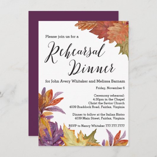 Herbstliche Wasserfarben Blätter Probe Abendessen Einladung (Vorne/Hinten)
