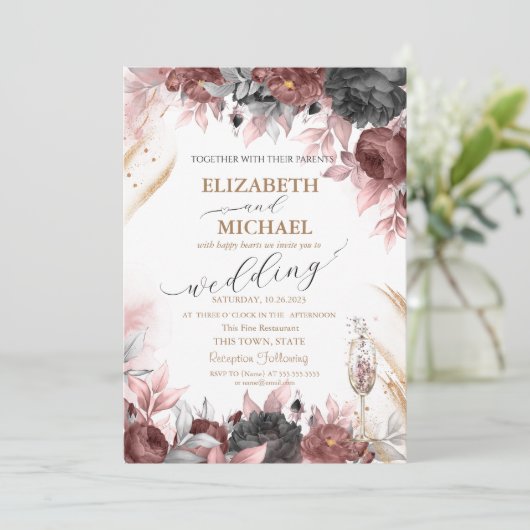 Herbstliche Wasserfarben Blume Champagnergläschen Einladung (Stehend Vorderseite)