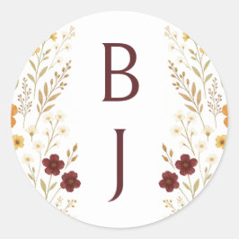 Herbstliche Wildblume Boho Monogram Wedding Runder Aufkleber